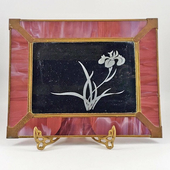 Other - Vintage Pink Swirl Slag Stained Glass Mirror w/ frosted flower & velvet backing